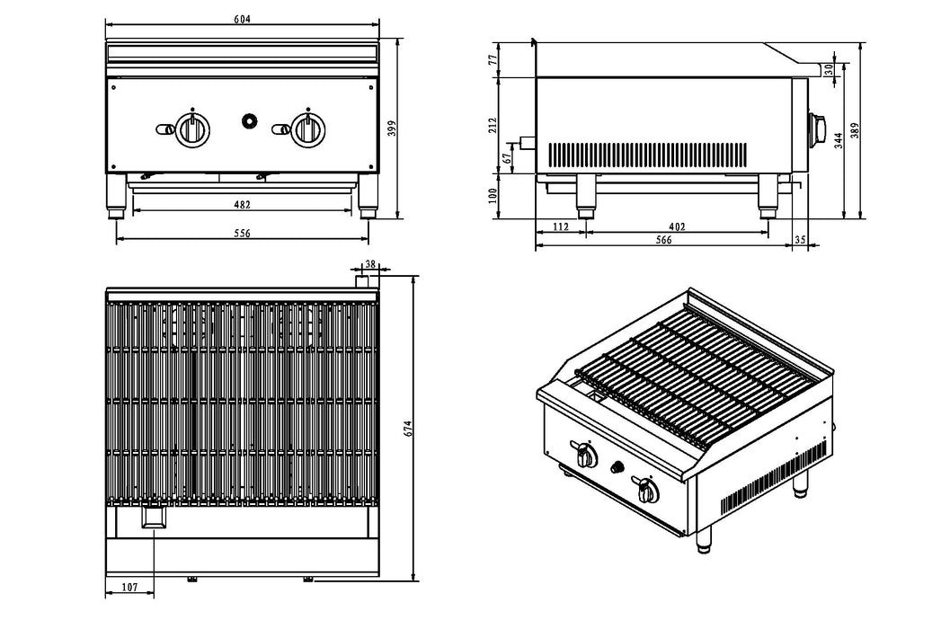 Infernus 2 Burner Gas Radiant Charbroiler/Chargrill – 60cm / 24″