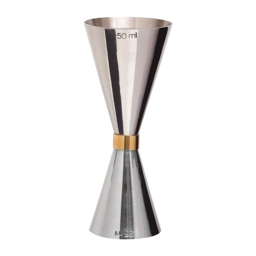 25ml and 50ml measure. Not CE stamped. Stainless steel