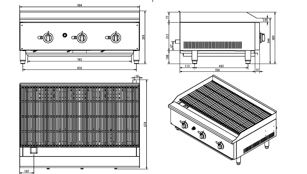 Infernus 3 Burner Gas Radiant Charbroiler/Chargrill – 90cm / 36″