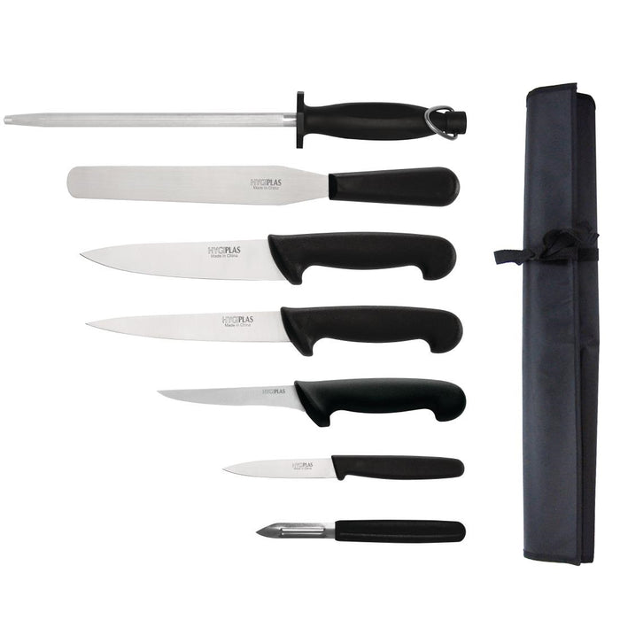 Contains Cooks Knife, Palette Knife, Fillet Knife, Boning Knife, Paring Knife, Steel, Peeler & Wallet