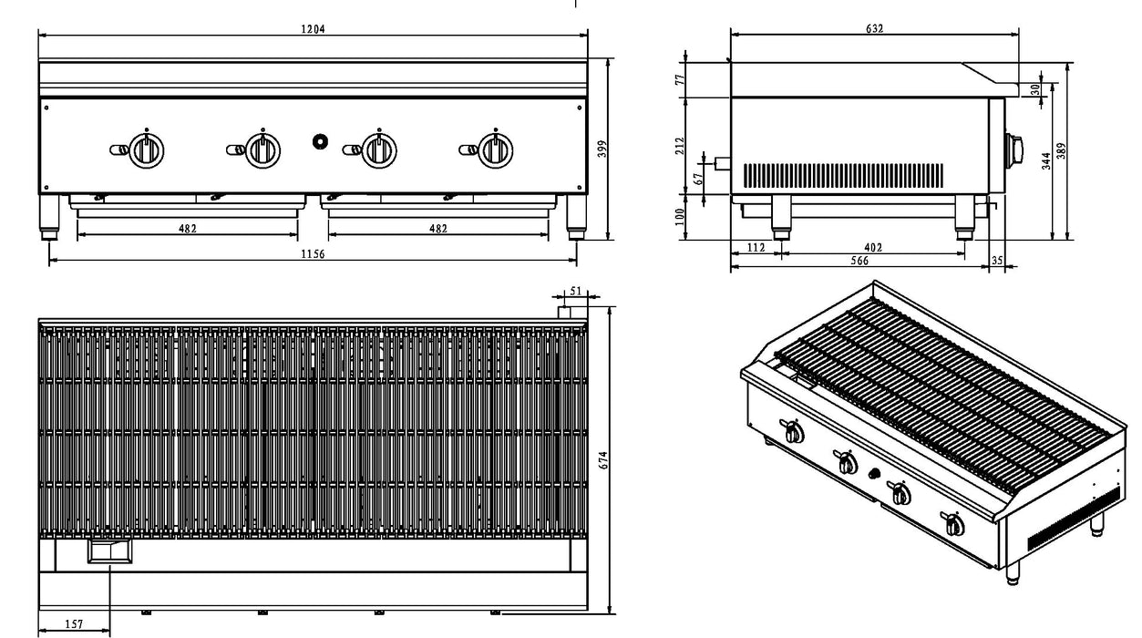 Infernus 4 Burner Gas Radiant Charbroiler/Chargrill – 120cm / 48″