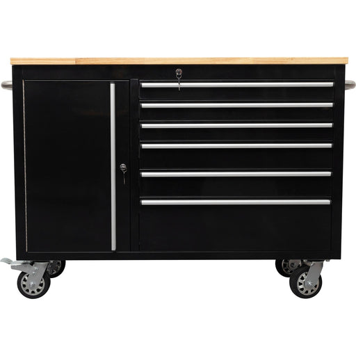 Heavy Duty Steel Rolling Tool Chest With Wooden Worktop 6 Drawers 1 Side Cabinet 1370x488x913mm Black | 482038 Ablack Makfry