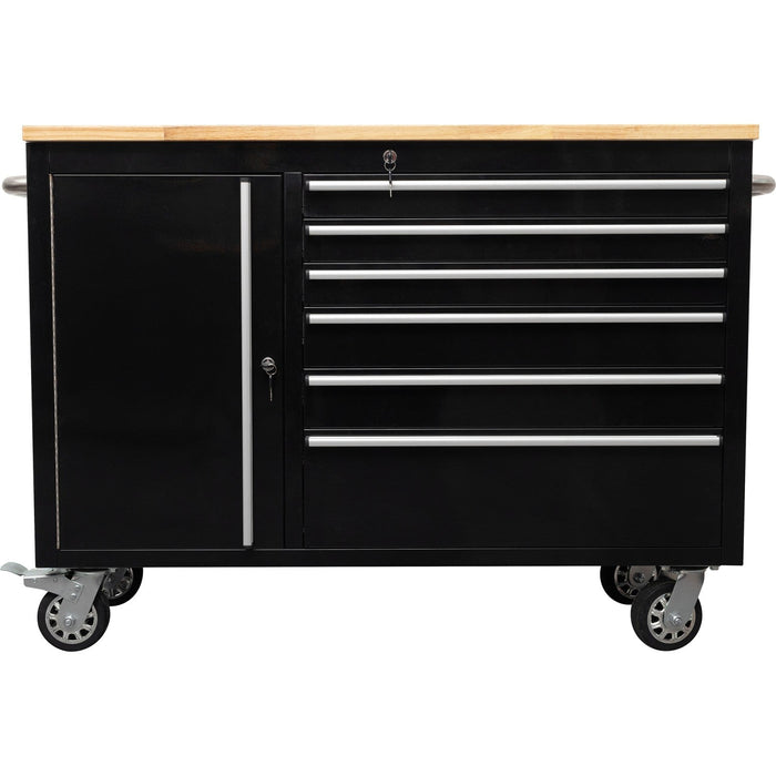 Heavy Duty Steel Rolling Tool Chest With Wooden Worktop 6 Drawers 1 Side Cabinet 1370x488x913mm Black | 482038 Ablack Makfry