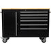 Heavy Duty Steel Rolling Tool Chest With Wooden Worktop 6 Drawers 1 Side Cabinet 1370x488x913mm Black | 482038 Ablack Makfry
