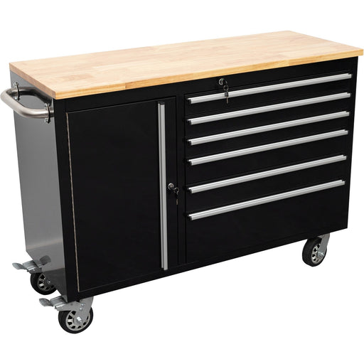 Heavy Duty Steel Rolling Tool Chest With Wooden Worktop 6 Drawers 1 Side Cabinet 1370x488x913mm Black | 482038 Ablack Makfry