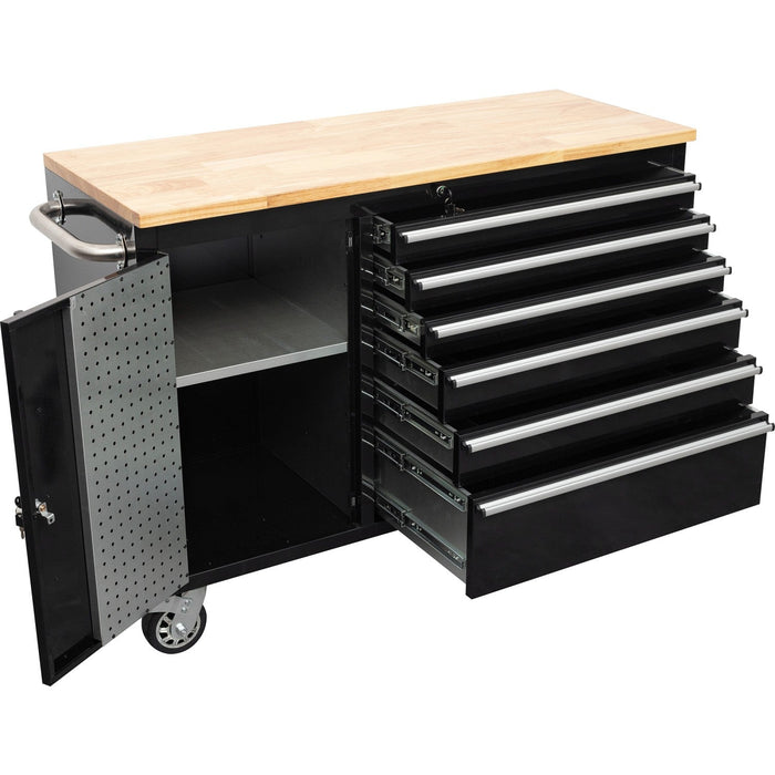 Heavy Duty Steel Rolling Tool Chest With Wooden Worktop 6 Drawers 1 Side Cabinet 1370x488x913mm Black | 482038 Ablack Makfry
