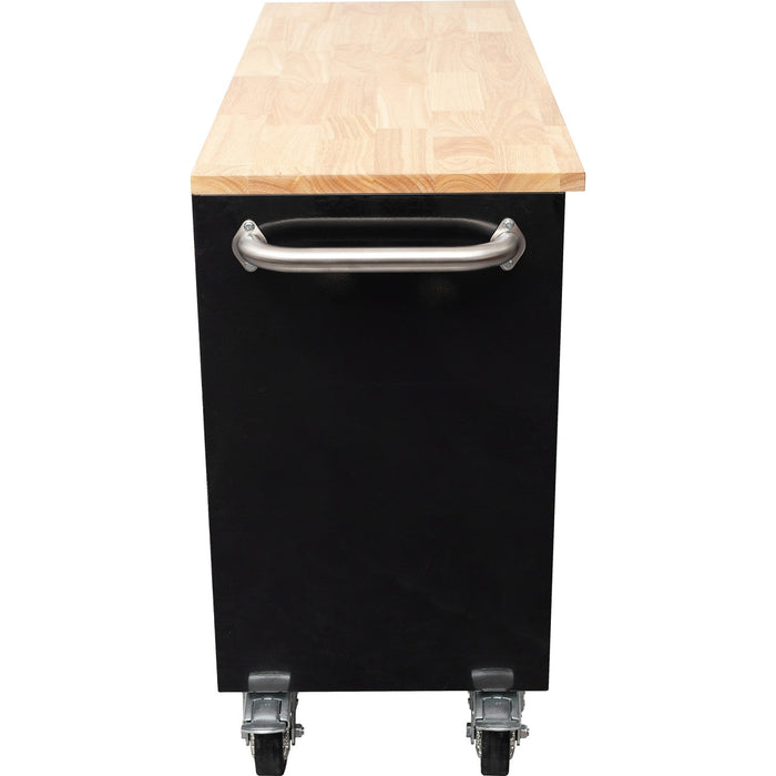Heavy Duty Steel Rolling Tool Chest With Wooden Worktop 6 Drawers 1 Side Cabinet 1370x488x913mm Black | 482038 Ablack Makfry
