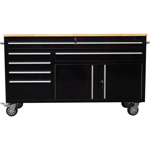 Heavy Duty Steel Rolling Tool Chest With Wooden Worktop 6 Drawers 1 Double Door Side Cabinet 1674x489x907mm Black | 602038 Ablack Makfry