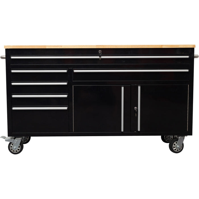 Heavy Duty Steel Rolling Tool Chest With Wooden Worktop 6 Drawers 1 Double Door Side Cabinet 1674x489x907mm Black | 602038 Ablack Makfry