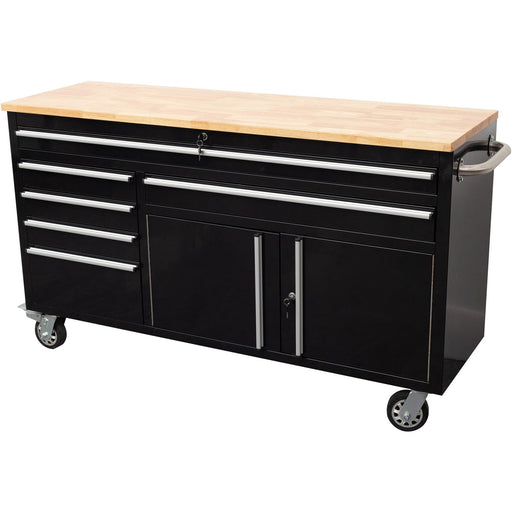 Heavy Duty Steel Rolling Tool Chest With Wooden Worktop 6 Drawers 1 Double Door Side Cabinet 1674x489x907mm Black | 602038 Ablack Makfry