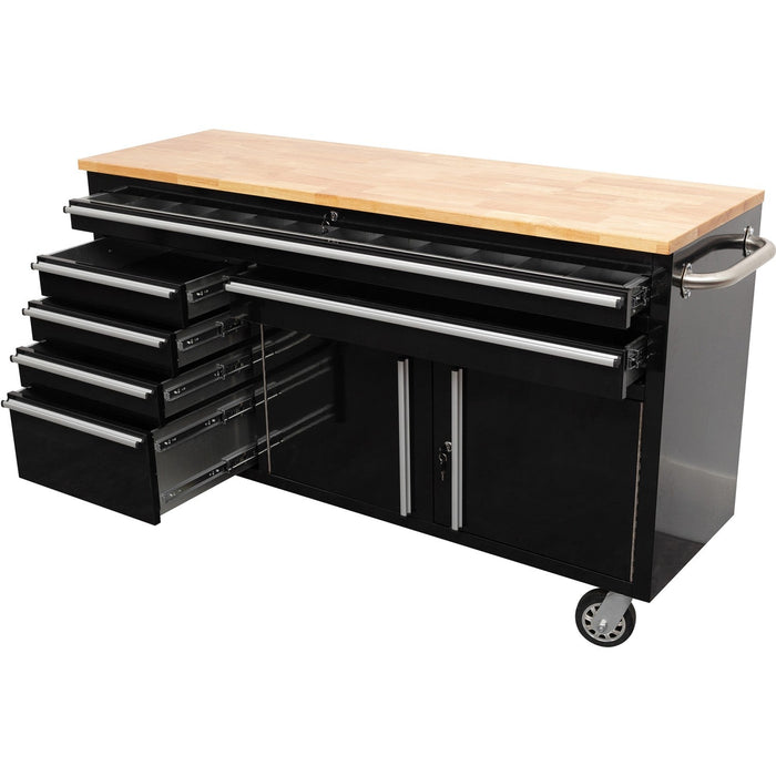 Heavy Duty Steel Rolling Tool Chest With Wooden Worktop 6 Drawers 1 Double Door Side Cabinet 1674x489x907mm Black | 602038 Ablack Makfry