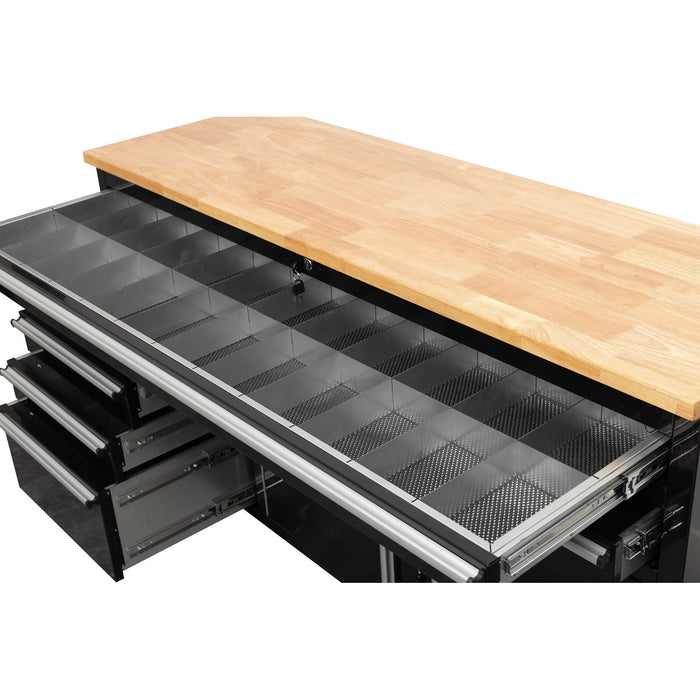 Heavy Duty Steel Rolling Tool Chest With Wooden Worktop 6 Drawers 1 Double Door Side Cabinet 1674x489x907mm Black | 602038 Ablack Makfry