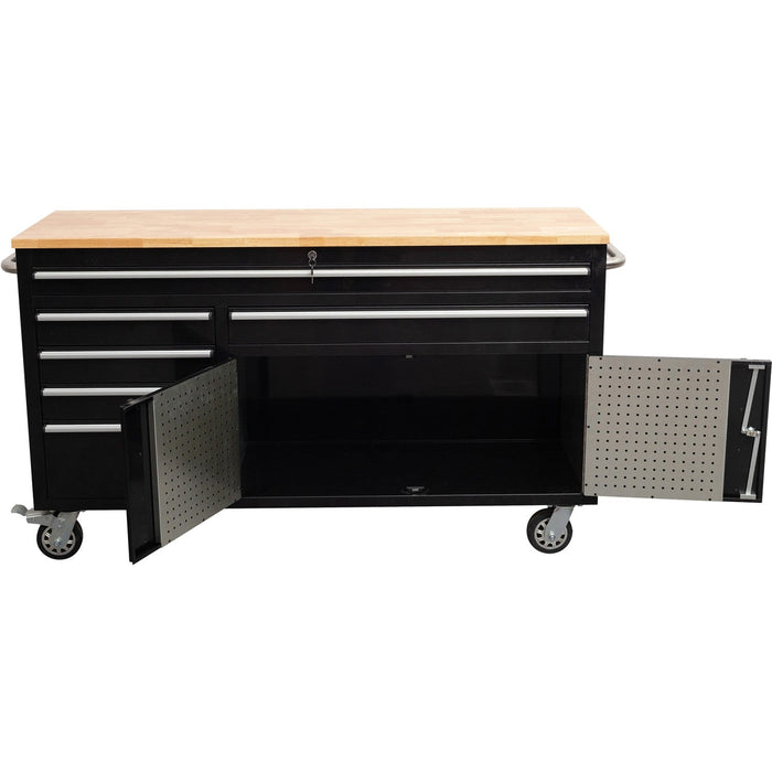 Heavy Duty Steel Rolling Tool Chest With Wooden Worktop 6 Drawers 1 Double Door Side Cabinet 1674x489x907mm Black | 602038 Ablack Makfry