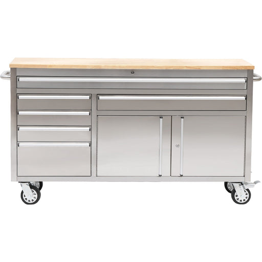 Heavy Duty Steel Rolling Tool Chest With Wooden Worktop 6 Drawers 1 Double Door Side Cabinet 1674x489x907mm Stainless Steel | 602038 Asilver Makfry