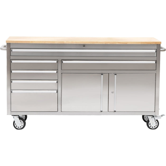 Heavy Duty Steel Rolling Tool Chest With Wooden Worktop 6 Drawers 1 Double Door Side Cabinet 1674x489x907mm Stainless Steel | 602038 Asilver Makfry