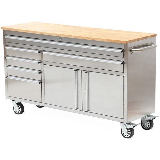 Heavy Duty Steel Rolling Tool Chest With Wooden Worktop 6 Drawers 1 Double Door Side Cabinet 1674x489x907mm Stainless Steel | 602038 Asilver Makfry