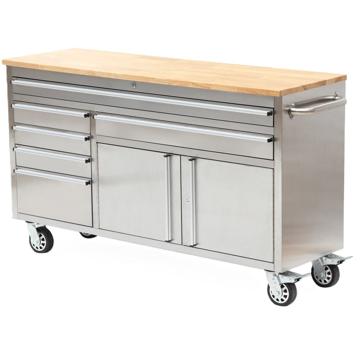 Heavy Duty Steel Rolling Tool Chest With Wooden Worktop 6 Drawers 1 Double Door Side Cabinet 1674x489x907mm Stainless Steel | 602038 Asilver Makfry