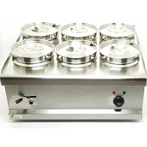 Commercial Bain Marie Food Warmer - 6 Pot Wet Well - Stainless Steel - Electric