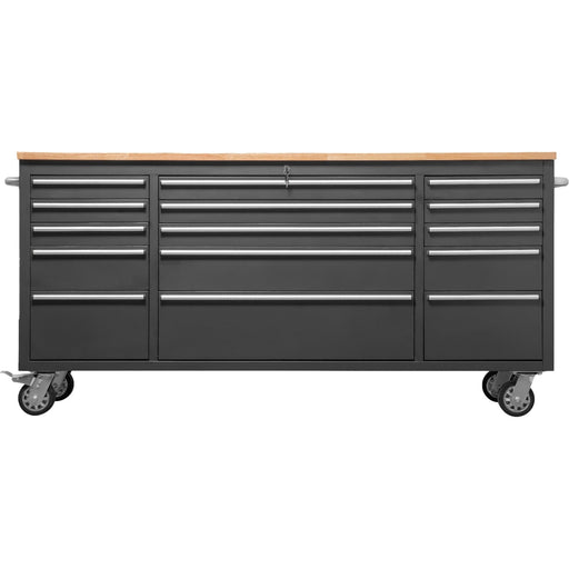 Heavy Duty Steel Rolling Tool Chest With Wooden Worktop 15 Drawers 1978x485x908mm Black | 722038 Ablack Makfry