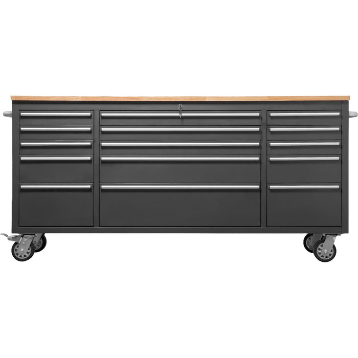 Heavy Duty Steel Rolling Tool Chest With Wooden Worktop 15 Drawers 1978x485x908mm Black | 722038 Ablack Makfry