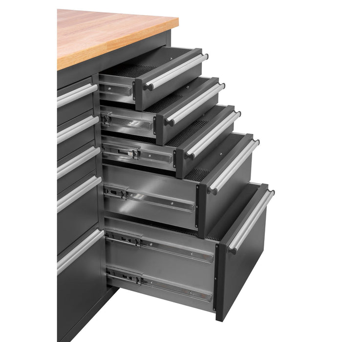 Heavy Duty Steel Rolling Tool Chest With Wooden Worktop 15 Drawers 1978x485x908mm Black | 722038 Ablack Makfry