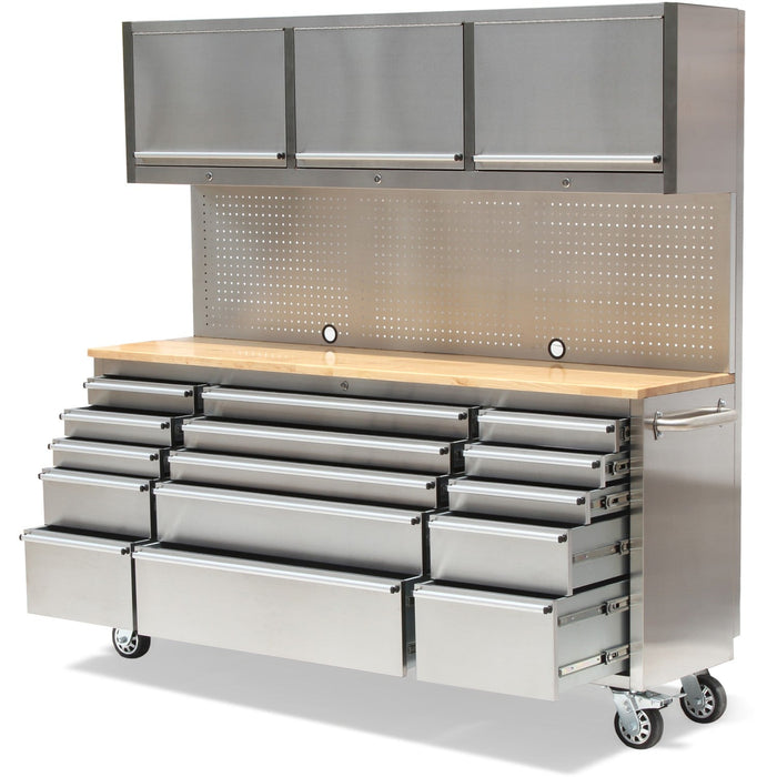 Professional Stainless Steel Rolling Tool Cabinet 15 Drawers 3 Upper Cupboards 1968x500x1825mm | 722038 Ap Makfry