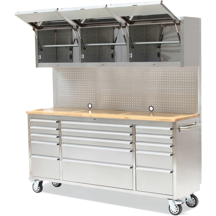 Professional Stainless Steel Rolling Tool Cabinet 15 Drawers 3 Upper Cupboards 1968x500x1825mm | 722038 Ap Makfry