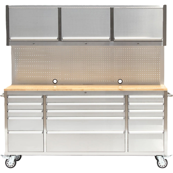 Heavy Duty Steel Rolling Tool Chest With Wooden Worktop 15 Drawers 3 Overhead Cabinets 1978x510x1828mm Stainless Steel | 722038 Apsilver Makfry