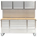 Heavy Duty Steel Rolling Tool Chest With Wooden Worktop 15 Drawers 3 Overhead Cabinets 1978x510x1828mm Stainless Steel | 722038 Apsilver Makfry