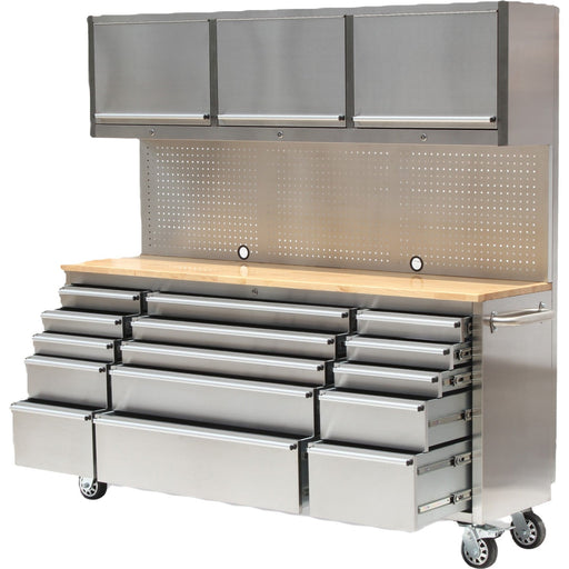 Heavy Duty Steel Rolling Tool Chest With Wooden Worktop 15 Drawers 3 Overhead Cabinets 1978x510x1828mm Stainless Steel | 722038 Apsilver Makfry