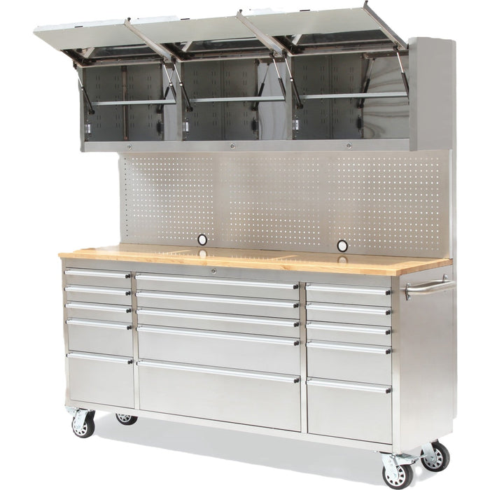 Heavy Duty Steel Rolling Tool Chest With Wooden Worktop 15 Drawers 3 Overhead Cabinets 1978x510x1828mm Stainless Steel | 722038 Apsilver Makfry