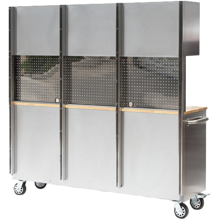 Heavy Duty Steel Rolling Tool Chest With Wooden Worktop 15 Drawers 3 Overhead Cabinets 1978x510x1828mm Stainless Steel | 722038 Apsilver Makfry