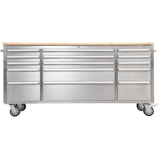 Heavy Duty Steel Rolling Tool Chest With Wooden Worktop 15 Drawers 1978x485x908mm Stainless Steel | 722038 Asilver Makfry