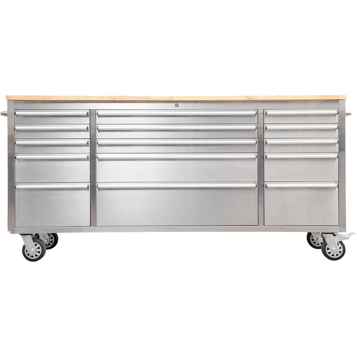 Heavy Duty Steel Rolling Tool Chest With Wooden Worktop 15 Drawers 1978x485x908mm Stainless Steel | 722038 Asilver Makfry