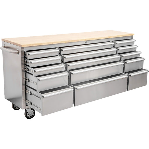 Heavy Duty Steel Rolling Tool Chest With Wooden Worktop 15 Drawers 1978x485x908mm Stainless Steel | 722038 Asilver Makfry