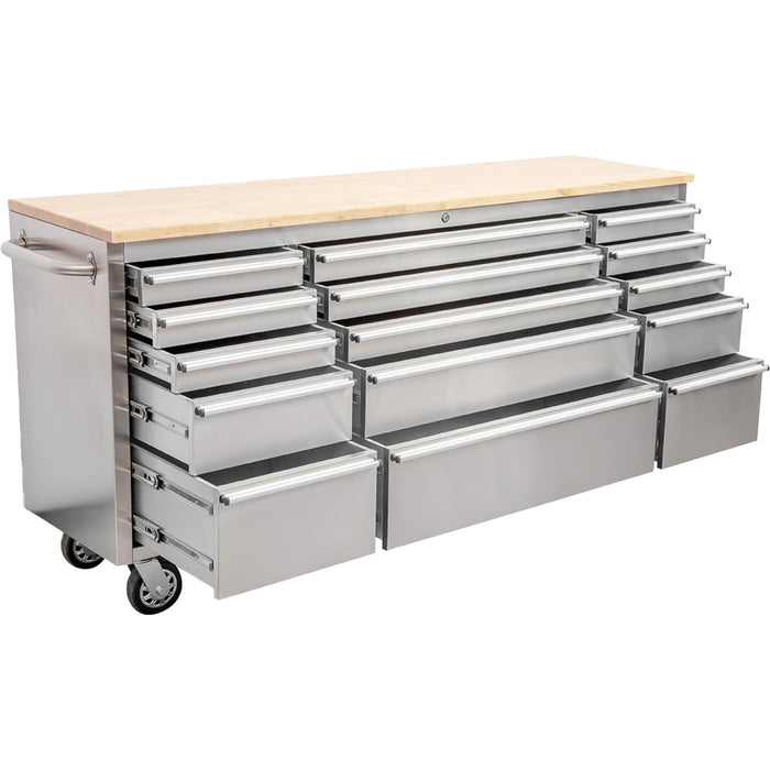 Heavy Duty Steel Rolling Tool Chest With Wooden Worktop 15 Drawers 1978x485x908mm Stainless Steel | 722038 Asilver Makfry