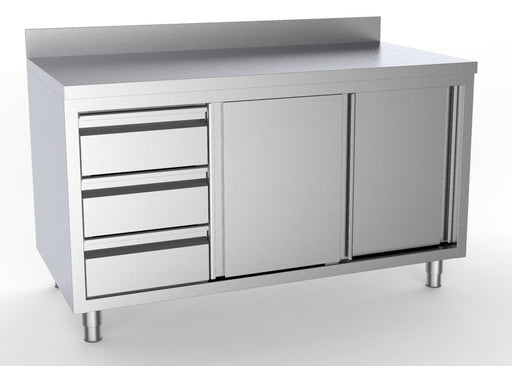 Combisteel 700 Worktable Sliding Doors Drawers Left With Upstand 1800 Combisteel