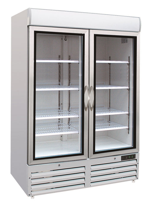 Combisteel Freezer - 2 Glass Doors - 1370mm Width - 920L Capacity - Ventilated Cooling - -18°C to -24°C - LED Lighting - White Steel