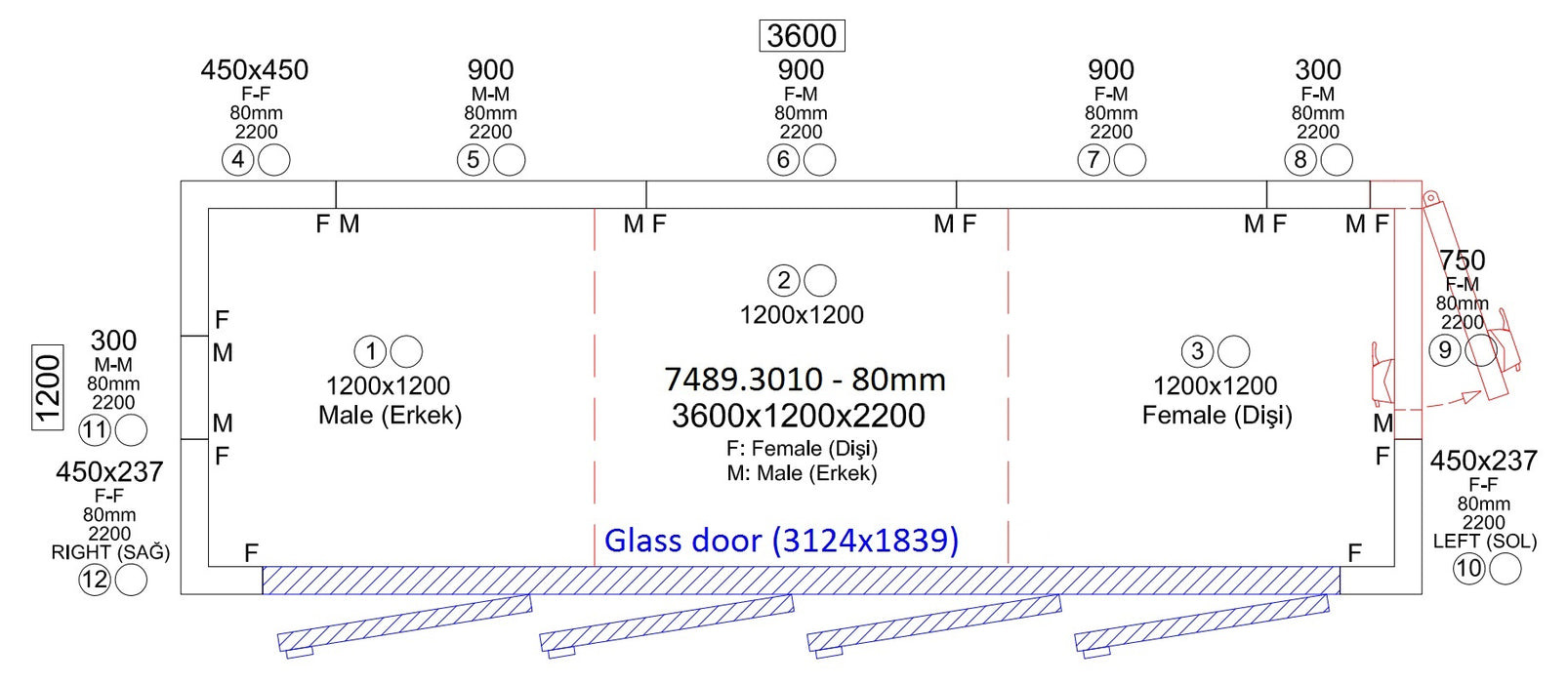 COLD ROOM 3600x1200x2200 4 GLASS DOORS  *TRANSPORT ON REQUEST*