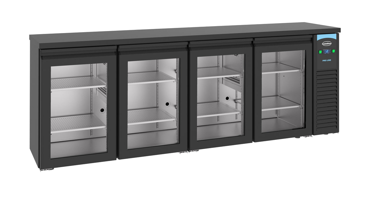 Combisteel Bar Cooler - Black - 4 Glass Doors - Ventilated Cooling - -2/+8°C - 230V Energy Efficient - Sleek Stainless Steel Finish" Combisteel