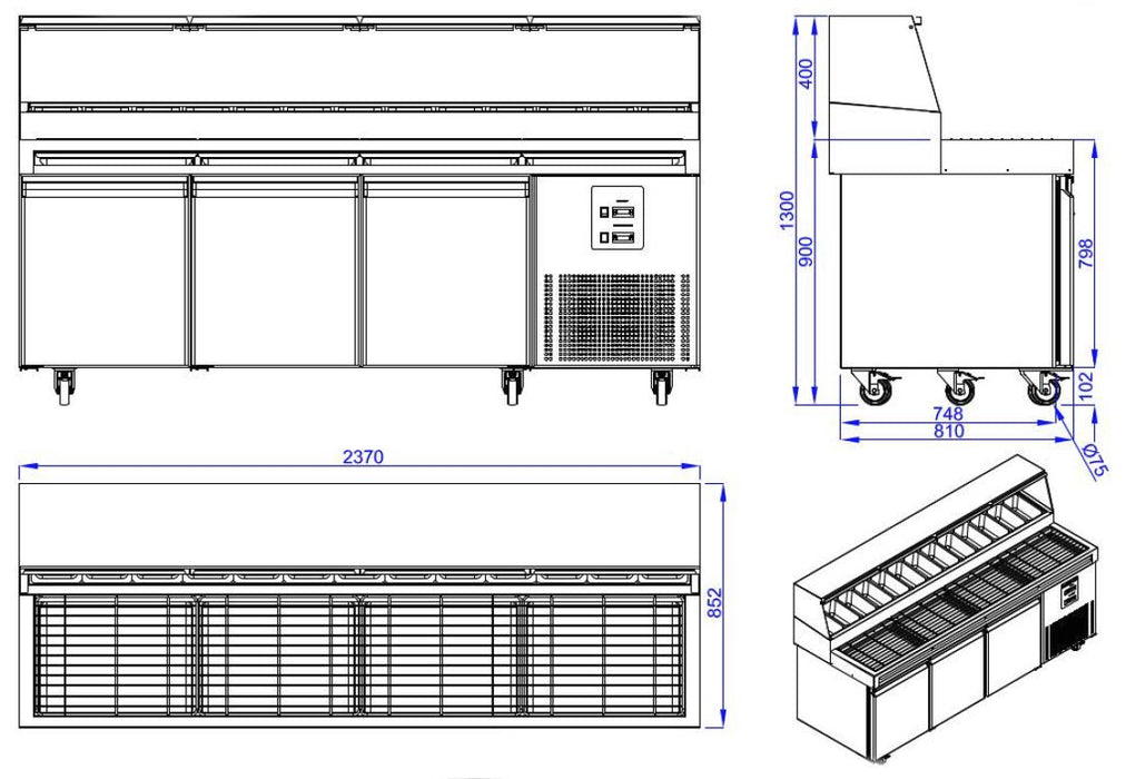 Combisteel Pizza Counter - 3 Doors - 13x 1/3GN Containers - Stainless Steel Refrigerated Prep Table for Pizzerias - Ventilated Cooling