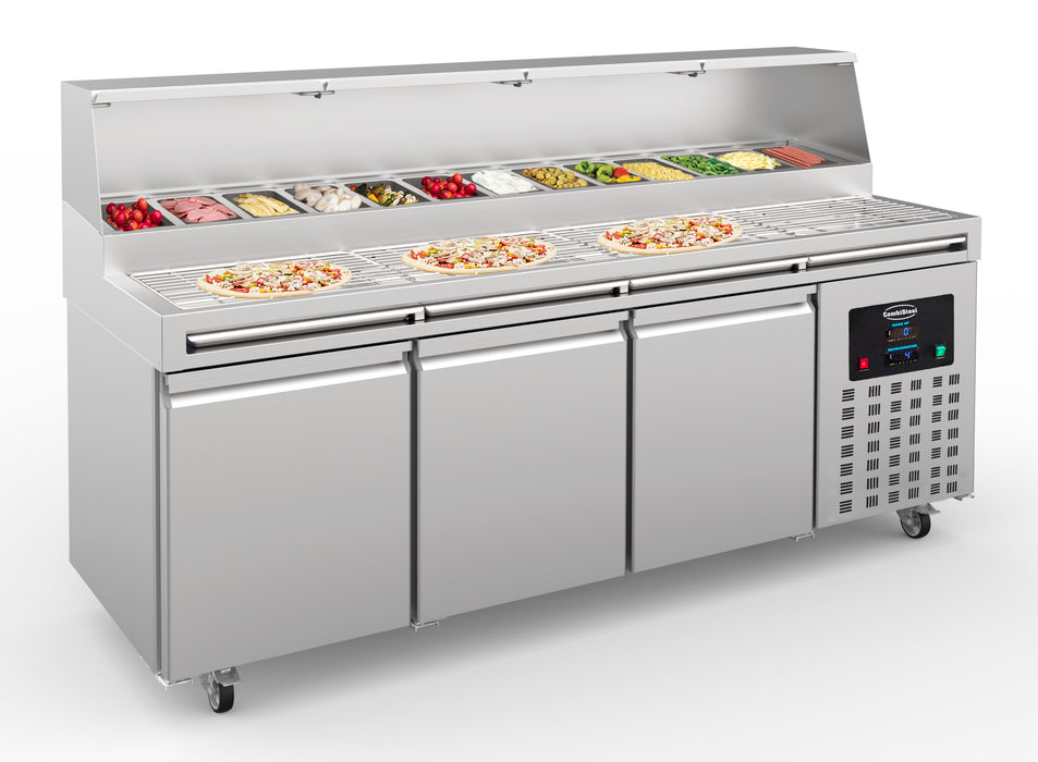 Combisteel Pizza Counter - 3 Doors - 13x 1/3GN Containers - Stainless Steel Refrigerated Prep Table for Pizzerias - Ventilated Cooling