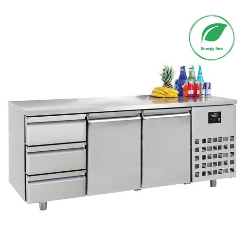 Combisteel Refrigerated Counter - 2 Doors 3 Drawers - Energy Line - 700mm Width - Stainless Steel - Ventilated Cooling - Automatic Defrost Combisteel