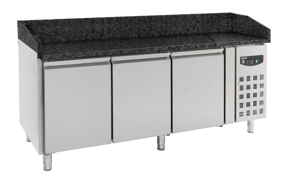 Combisteel Pizza Counter - 3 Doors - Black Granite Worktop - Ventilated Cooling - 1365L Capacity - Stainless Steel Interior