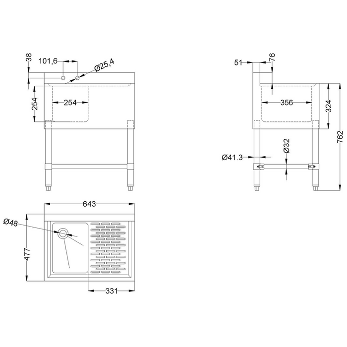 Commercial Bar Sink 1 Bowl Left 643x477x838mm | Bar1 B24 R Makfry