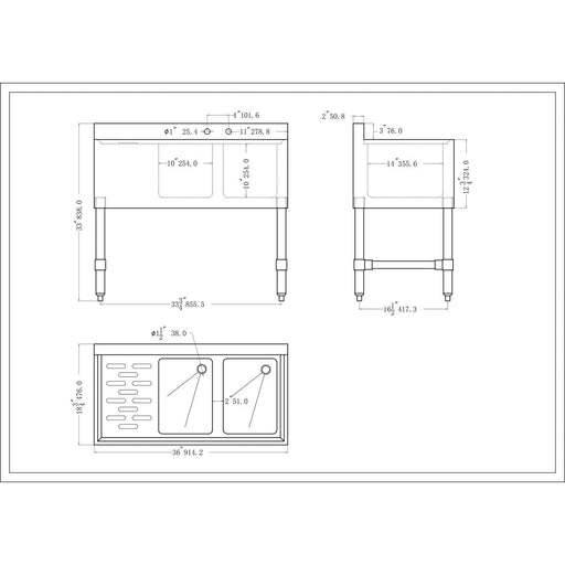 Commercial Sink Stainless Steel 2 Bowl Left Side Drain Board | Bs2 T36 L Makfry