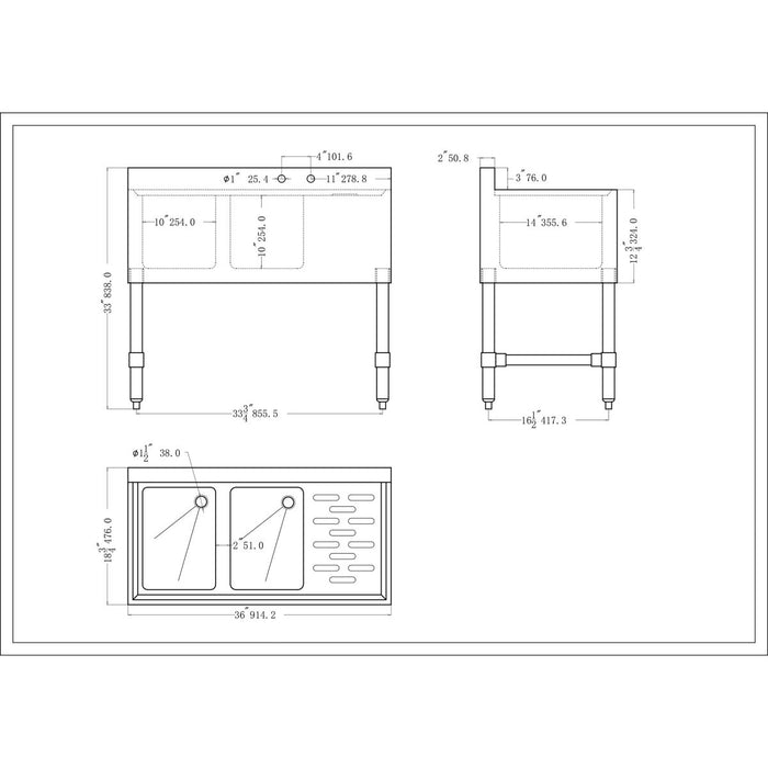 Commercial Sink Stainless Steel 2 Bowl Right Side Drain Board |  Bs2 T36 R