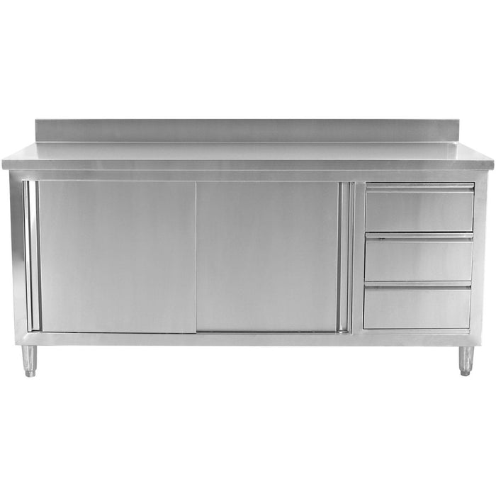 Commercial Worktop Floor Cupboard Sliding Doors 3 Drawers Stainless Steel 2000x700x850mm Upstand | Vtc207 R3 B Makfry