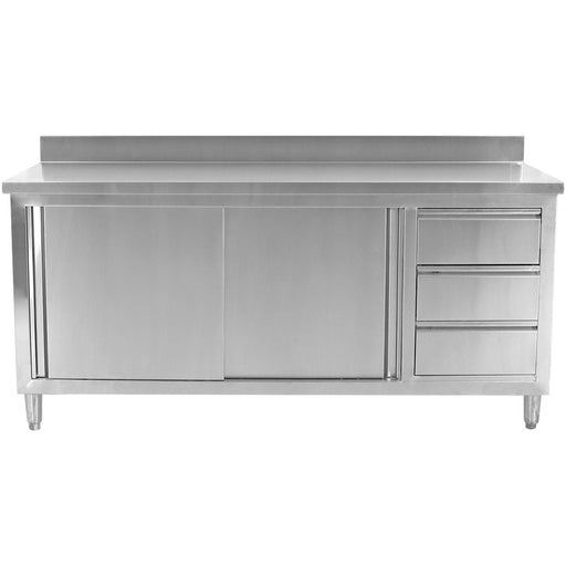 Commercial Worktop Floor Cupboard Sliding Doors 3 Drawers Stainless Steel 2000x600x850mm Upstand | Vtc206 R3 B Makfry
