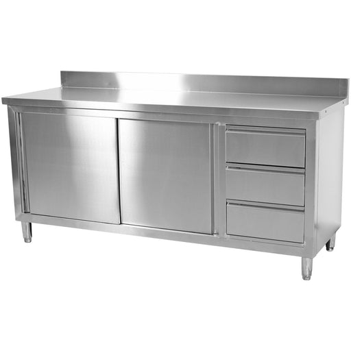 Commercial Worktop Floor Cupboard Sliding Doors 3 Drawers Stainless Steel 2000x600x850mm Upstand | Vtc206 R3 B Makfry